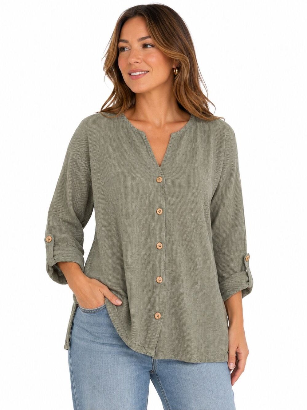 Hot Cotton By Marci Ware Vintage Dark Olive Green Lagenlook Shirt Size Medium